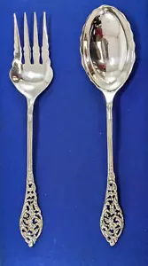 Muschio - Cucchiaio e forchetta da portata insalata in argento sterling design pizzo fiorentino - Foto 1 di 3