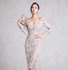 Womens Chic Guipure Lace Off Shoulder Long Sleeves Hip Package Pencil Dress 