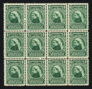 Newfoundland Stamps 1897 QV 400yr 1d Green Block of 12, Lovely Mint OG H VF - Picture 1 of 2