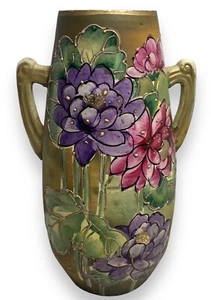 Nippon Unmarked Hand Painted Japan Double Handled Vase Stunning Florals 11” - Picture 1 of 9