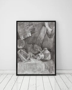 Original Drawing Unique Drawing Charcoal Still Life with Baking Tins Pamela Rys - Picture 1 of 4