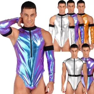 Herren Wetlook Metallic Catsuit Overall mit Handschuhe Stringbody Alien Kostüm - Bild 1 von 49