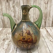 Vintage Italian Green Glass Wrapped Decanter Wine Bottle Galleon Ship Sailing