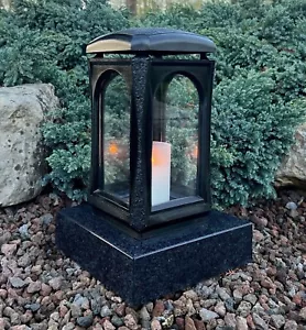 Grablaterne Sockel Grablampe Grableuchte Grablicht Granit Schwarz Gold Silber - Bild 1 von 15