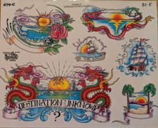 Vintage Official Tattoo Brand Flash Art 12x14 1995 Travel Sun dragons palms #R