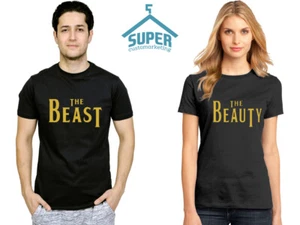 Camiseta Pareja BEAST BEAUTY DORADA Logotipo a juego Parejas Años 80 FUENTE Amor CAMISETA - Imagen 1 de 4