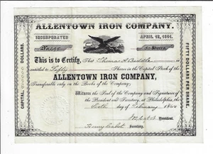 PENNSYLVANIA 1868 Allentown Iron Company Stock Certificate - Picture 1 of 2