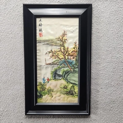 Vintage Asian Silk Embroidery Landscape Framed Art Cherry Blossom Cottage 18 - Image 1 of 4