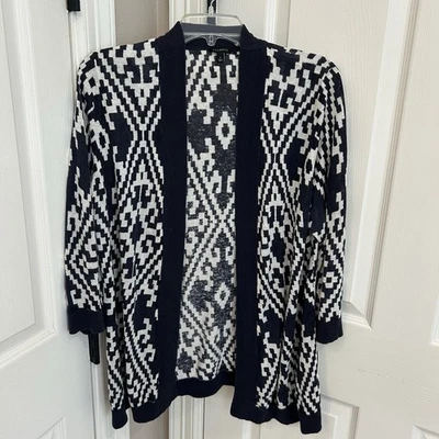 Кардиган Talbots из льняной смеси с открытой передней частью темно-синий и белый абстрактный геометрический большой - Изображение 1 из 4