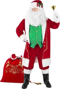Christmas Santa Claus Costume Adult Men 11pcs Deluxe Santa Suit for Adults Green - Picture 1 of 7
