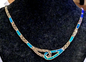 Hermoso collar llave griega de plata de ley y ópalo sintético 22,8 gms - Imagen 1 de 10