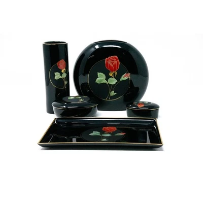Juego de decoración de tocador vintage Otagiri rosa carmesí 5 piezas Japón rosas doradas negras Foto 1 de 4