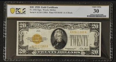 1928 $20 Gold Certificate FR 2402 PCGS VF 30 - Image 1 of 2