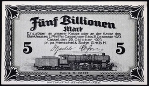 CASSEL / KASSEL 1923 XX-RARE "Henschel & Sohn" 5 TRILLION MARK Train Notgeld - Picture 1 of 2