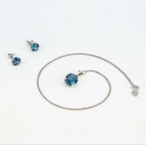 Schmuckset 18 kt Weißgold mit 3 Blautopase, 2 Ohrstecker, Kette 40cm, Anhänger - Bild 1 von 5