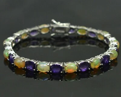 Bracciale tennis in argento sterling 925 con opale di fuoco naturale e pietra... - Immagine 1 di 4