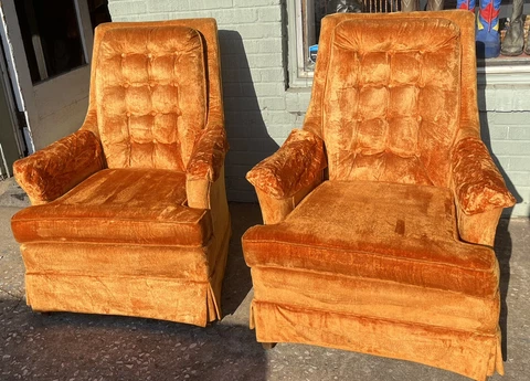 Vintage Lot of 2 MCM Hollywood Regency Orange Velvet High Back Chairs Retro Hip Cover