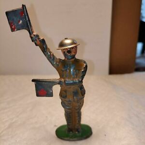 HTF BARCLAY LEAD TOY SOLDIER WITH SIGNAL FLAGS B65- Tin hat Manoil