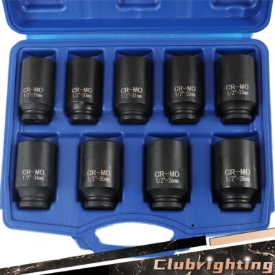 1/2" Drive Deep Impact Socket Set - Metric Axle Hub Nut Sockets 29-38mm 9Pcs - Image 1 of 4