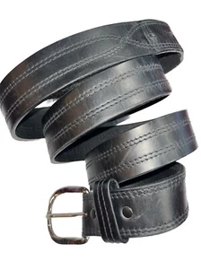 Leegin BLACK Leather BELT brass Silver Buckle Handcrafted in USA Fits 46-53” Men - Picture 1 of 17