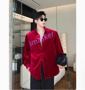 Men's Youth Korean Fashion Velvet Turn Down Collar Long Sleeves Shirt Stage - Picture 1 of 19