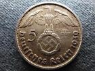 Germany Swastika 5 Reichsmark .900 Silver Coin 1939 B