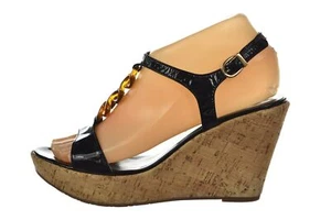 Vaneli Womens Shoes Size 7.5 Black Ankle Strap Wedges Patent Leather Heels - Picture 1 of 6