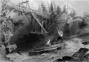 CANADA- FLOTTAGE de TRONC de BOIS et PONT sur la RIVIÈRE OTTAWA - Gravure 19e - Imagen 1 de 2