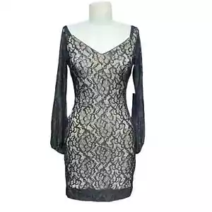 NWT Dress The Population Off Shoulder Blouson Sleeve Lace Dress Black Nude XS - Picture 1 of 12