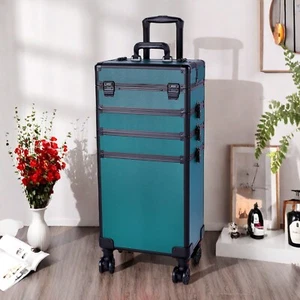4-in-1 Rolling Makeup Case - Forest Green, Tiered, Lockable & Aluminum Alloy - Picture 1 of 24