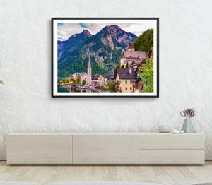 Mountain Print, Village Wall Art, Trees & Forest Framed Nature Wall Art, Natural - Imagen 1 de 5