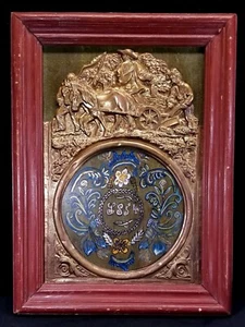 Antik 1854 handbemaltes Öl an Bord mit Hochrelief geprägtes Messing Innenrahmen - Bild 1 von 17