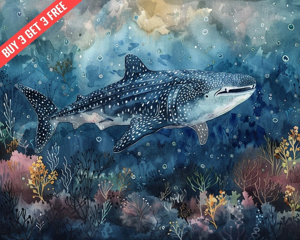 Whale Shark in the Deep Sea Watercolor 8x10 Print
