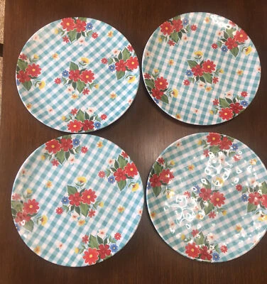 4 Certified International Dinner Plates Nancy Green 11” Aqua Gingham w Flowers - Image 1 of 4