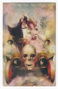 DAS TEMPO, DAS SCHÄDEL TÖTET AUTO BETRUNKEN FAHREN POSTKARTE 1908 - Bild 1 von 2