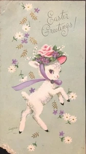 Vintage Ostern Grußkarte süßes tummelndes Lamm Blumen Haube M. Cooper RustCraft - Bild 1 von 4