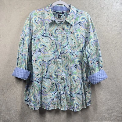 Chaps No Iron Button Front Shirt Women’s 3X Colorful Paisley Flip Cuff - Image 1 of 4