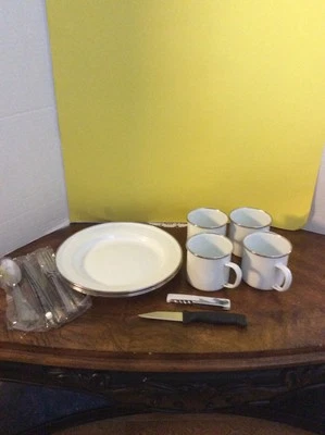 Vintage 22 Piece Enamelware - 4 Cups 4 Plates and stainless steel silverware - Image 1 of 4