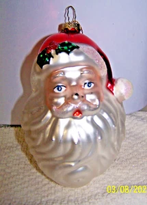 Mundgeblasenes Glas Weihnachtsmann Kopf Ornament BK 1998 Glitzer Akzente 6" sehr guter Zustand - Bild 1 von 3