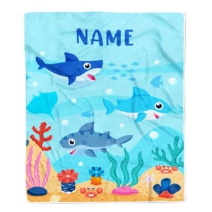 Personalized Baby Blanket With Custom Name Ocean Cute Shark Birthday Blanket - Picture 1 of 4