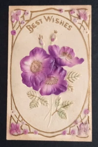 Best Wishes Purple & Gold Airbrushed Embossed Flowers Spring Postcard c1910s - Picture 1 of 3