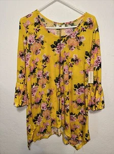 Bobbie Brooks Women Floral Yellow Blouse Bell 3/4 Sleeve W/ Necklace Size 3X NWT - Picture 1 of 17
