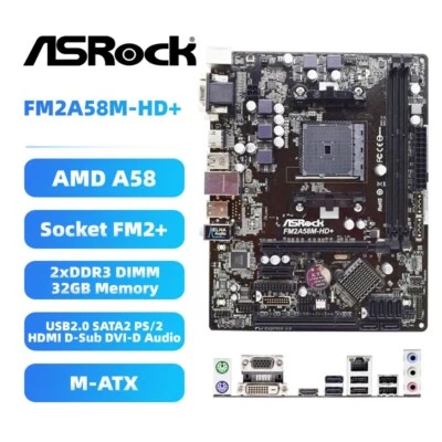 ASRock FM2A58M-HD+ Motherboard M-ATX AMD A58 FM2+/FM2 DDR3 SATA2 HDMI DVI-D VGA - Image 1 of 4