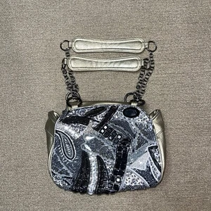 Chico's Faux Leather Black Silver Glass Stones Beaded Double Handle Shoulder Bag - Picture 1 of 15