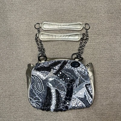 Bolso de Hombro Chico's Imitación Cuero Negro Plata Vidrio Piedras Cuentas Doble Asa Foto 1 de 4