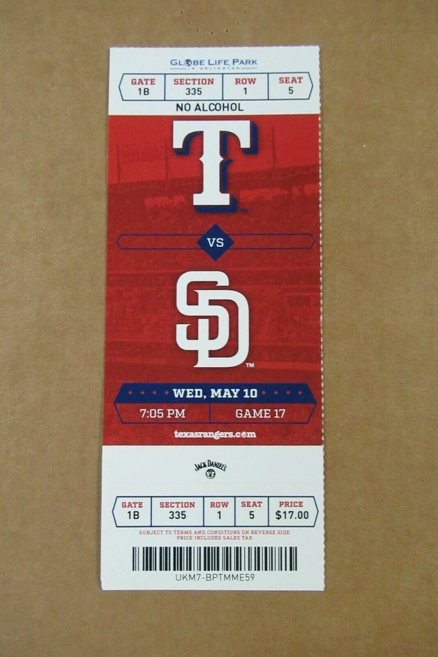 TEXAS RANGERS VS SAN DIEGO PADRES 5/10/2017 BOLETO COMPLETO ~ MYERS/AYBAR HRs Foto 1 de 1