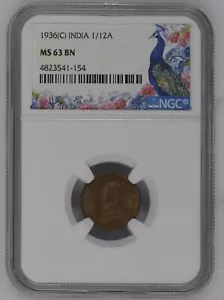 1936(C) 1/12 Anna KG V British India - NGC Graded MS 63 BN - Picture 1 of 2