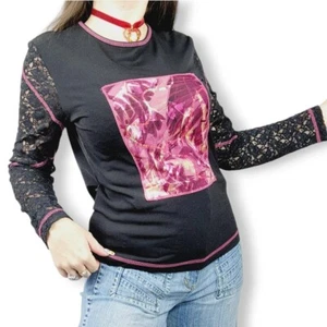 RJ Collection sheer top Ladies M Black Lace Sequin Mesh Fairy Core Y2K Vintage - Picture 1 of 8