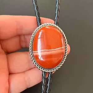 Collar de boda cuerda de cuero vaquero con base de plata de jaspe rojo natural para hombre - Imagen 1 de 10