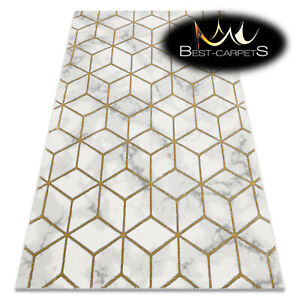 Exclusive Modern Rug "EMERALD" glamour cube marble CREAM / GOLD High Quality